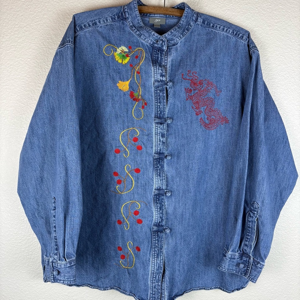 J. Jill Denim Asian Style Jacket Embroidered Floral and Dragon Size Large